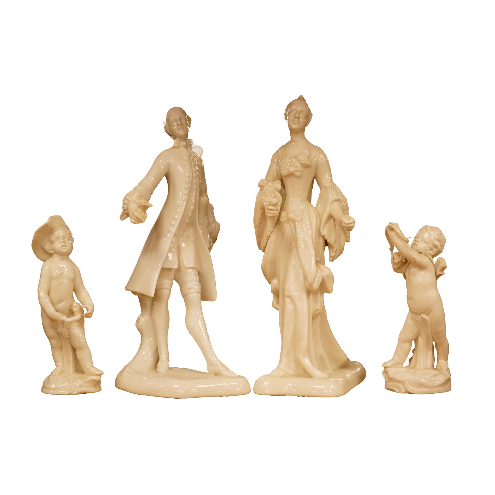 Two Nymphenberg white glazed figures, after Bustelli and two similar cherubs (4) figure 19 cm high